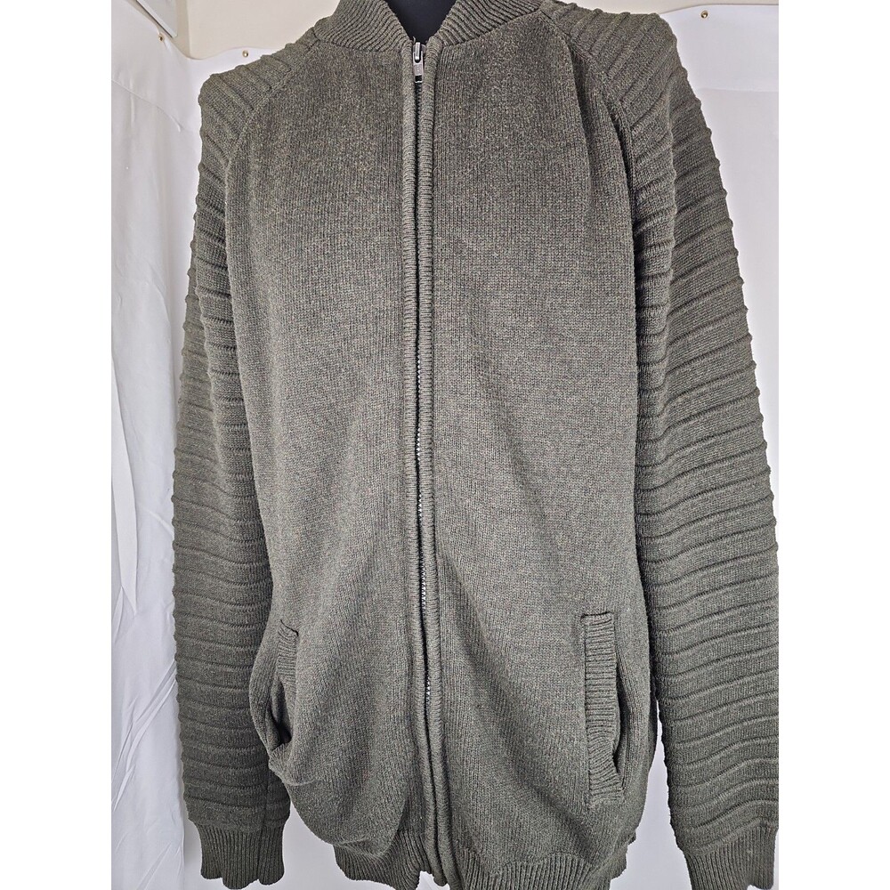 American Rag Men's Large Olive Green Full Zip Ribbed Knit Sweater
